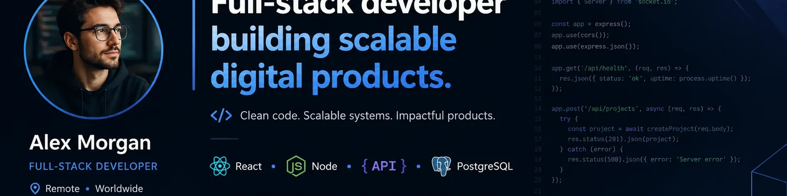 Technology LinkedIn cover photo example with developer portfolio banner